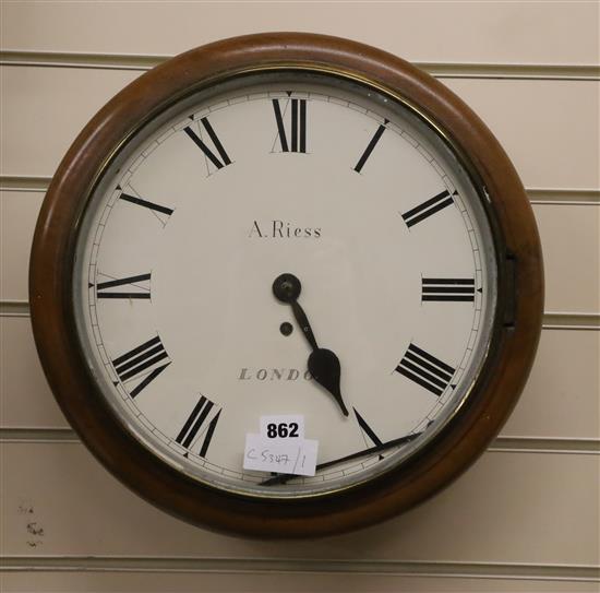 A Victorian mahogany fusee wall dial, marked Reiss, London Case diameter 37cm